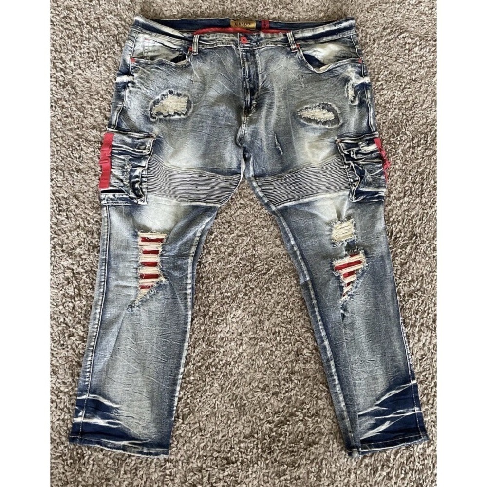 Makobi Men Jeans Size 32x32 Blue Rips Holes Red Buckles Distressed Light Wash